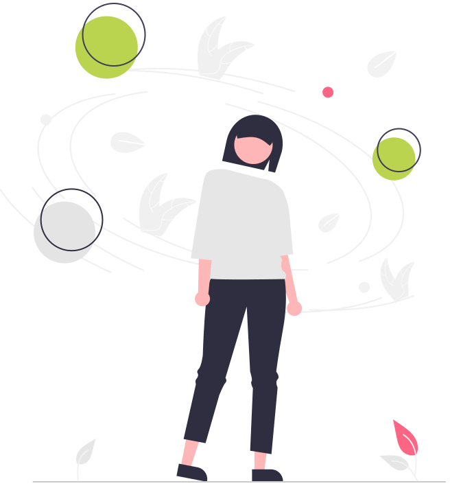 Decorative graphic of woman standing with shapes around.