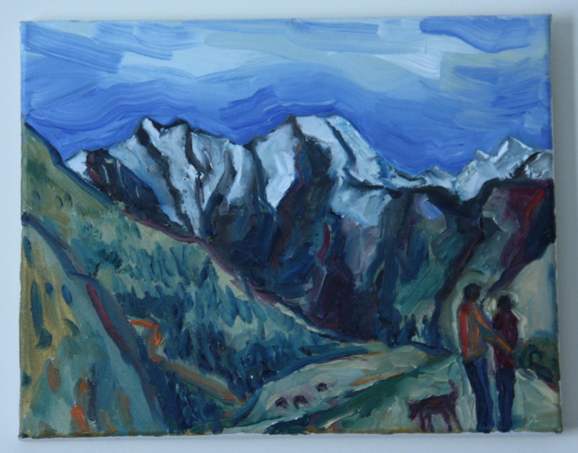 Painting of mountains with blue tint