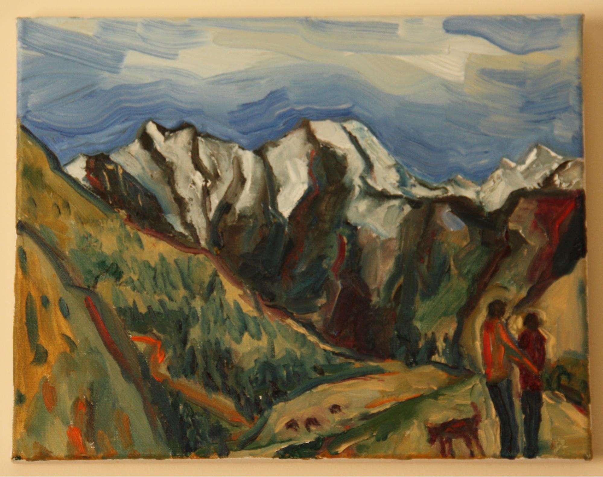 Painting of mountains with yellow/orange tint