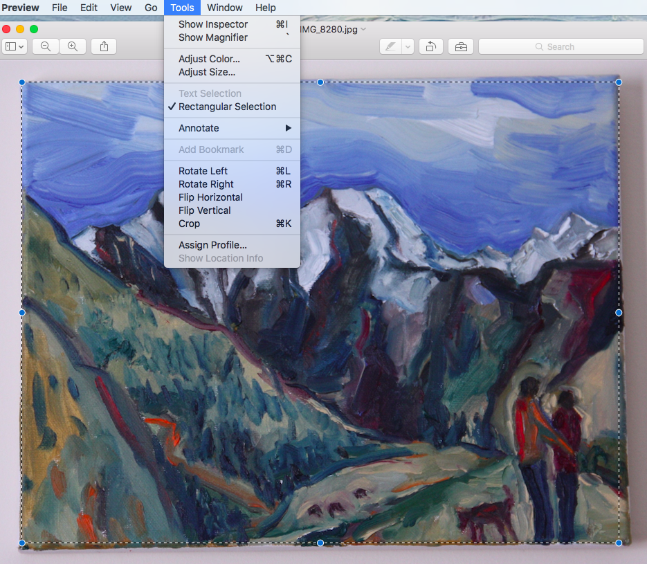 Screenshot of painting in Preview with menu displaying crop