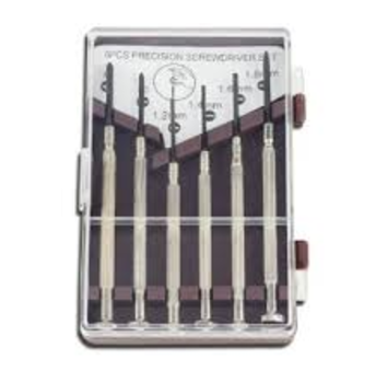 small silver screw driver set in case on white background