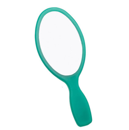 teal hand mirror on white background