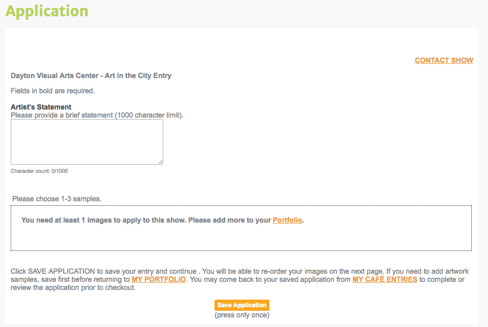 screenshot of the application form on CaFE. There is a box for the artist statement, select mages and save.