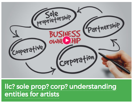 Screenshot of webinar with circles of text circled all leading to Business ownership. Text reads: LLC? Sole prop? understanding entities for artists