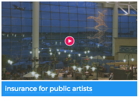 Screenshot of Insurance for Public Artists Webinar link with city of interior building with small lights