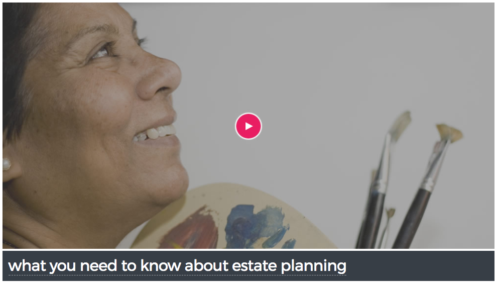 Screenshot of What You Need to Know About Estate Planning Webinar with an image of a smiling woman looking up with paint brushes in her hand