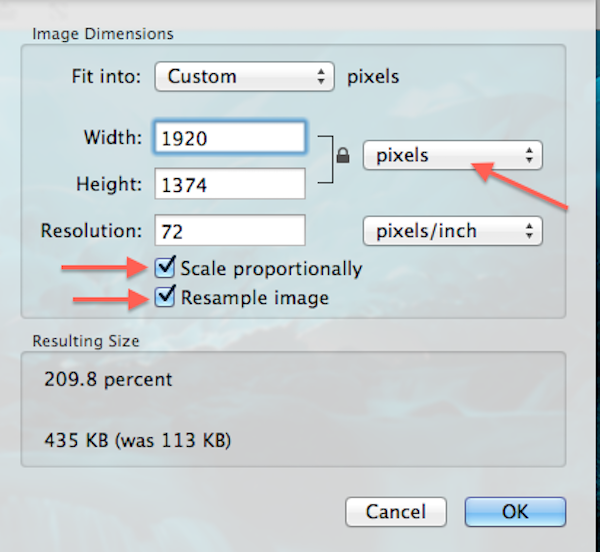 Screenshot of Preview Adjust Size page with red arrows pointing to Pixel drop-down and Scale Proportionally & Resample Image checkboxes.