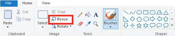 Screenshot of the Paint application elements with a red rectangle around resize.