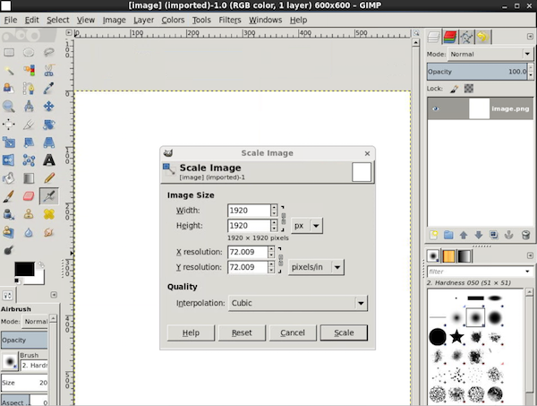 Screenshot of the resizing feature in Gimp.