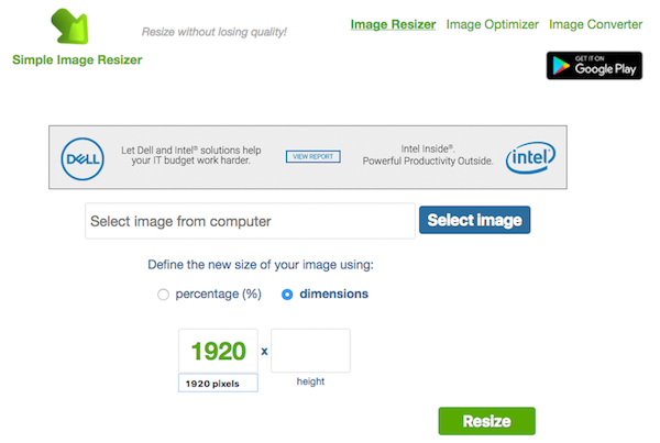 Screenshot of the upload and easy resize process on Image Resizer