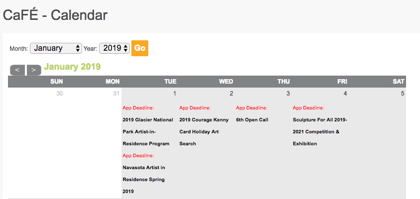 Image of the CaFE Calendar of Calls with deadlines.