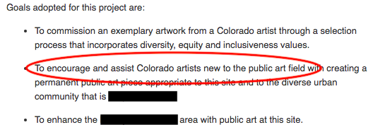 Screenshot of prospectus with a red circle around, "To encourage and assist Colorado artists new to the public art field"