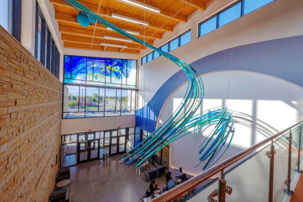 Public Art of glass sculpture in the Central Recreation Center, Aurora, CO