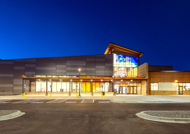 Exterior of central rec center where glass windows are visible