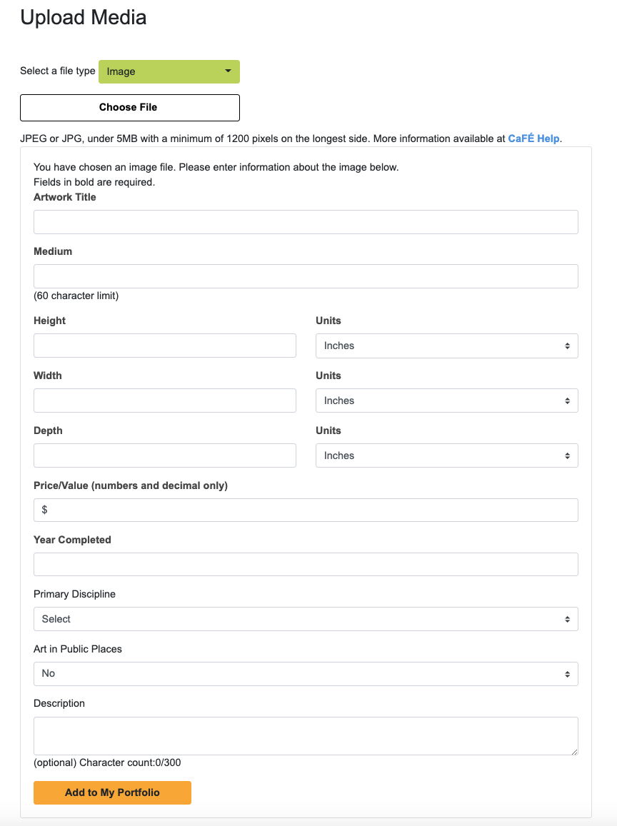 screenshot of the upload media form on cafe