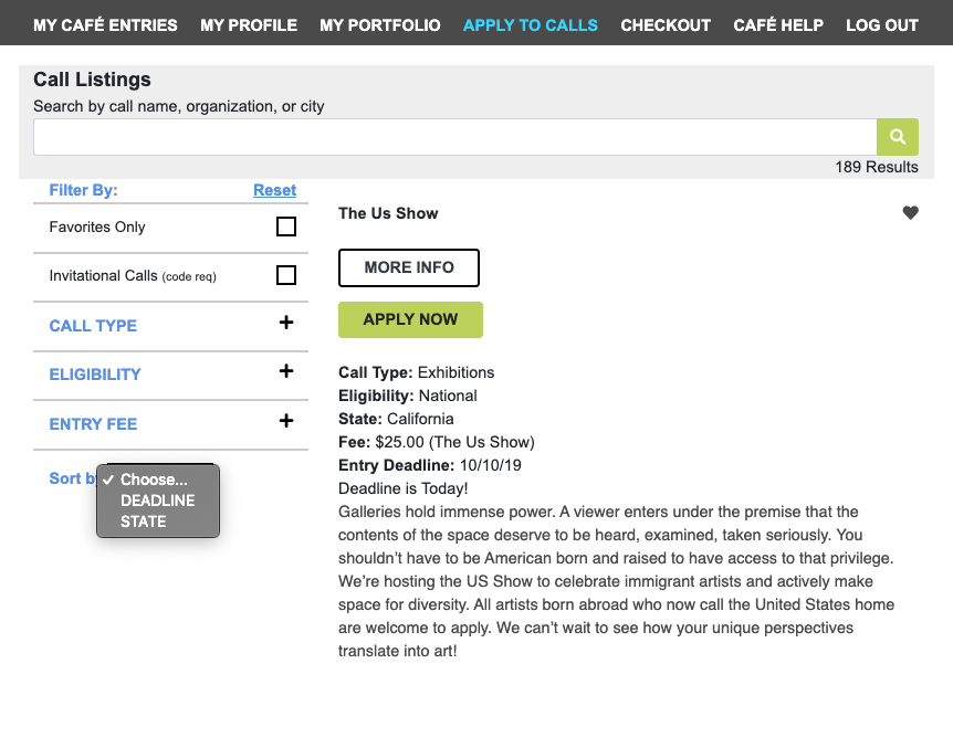 Screenshot of the call listing page highlighting the search