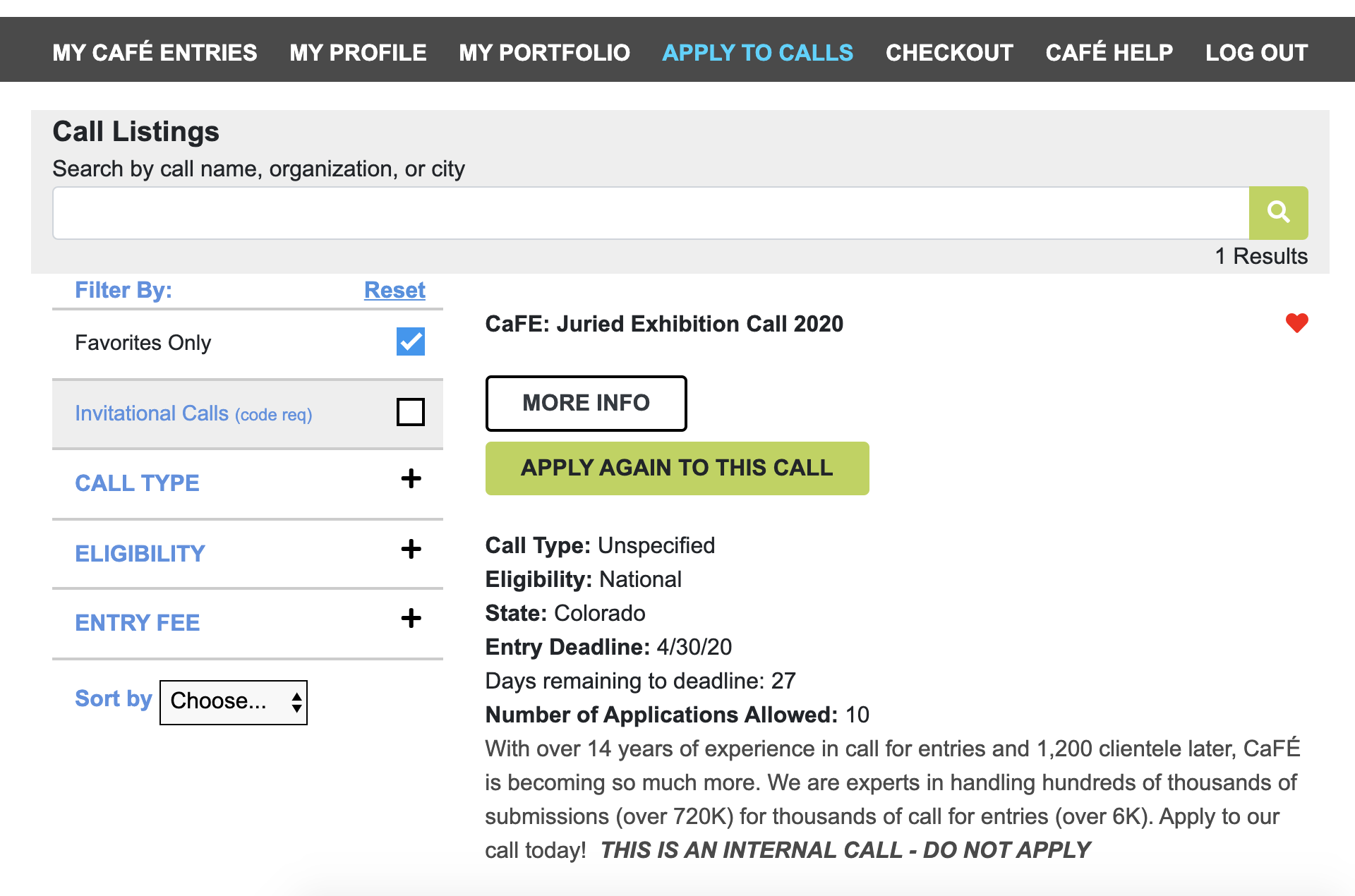 Screenshot from CaFE listings page with apply again to this call button