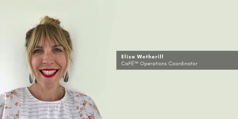 Image of Eliza standing on white background with text that says Eliza Wetherill CaFE Operations Coordinator