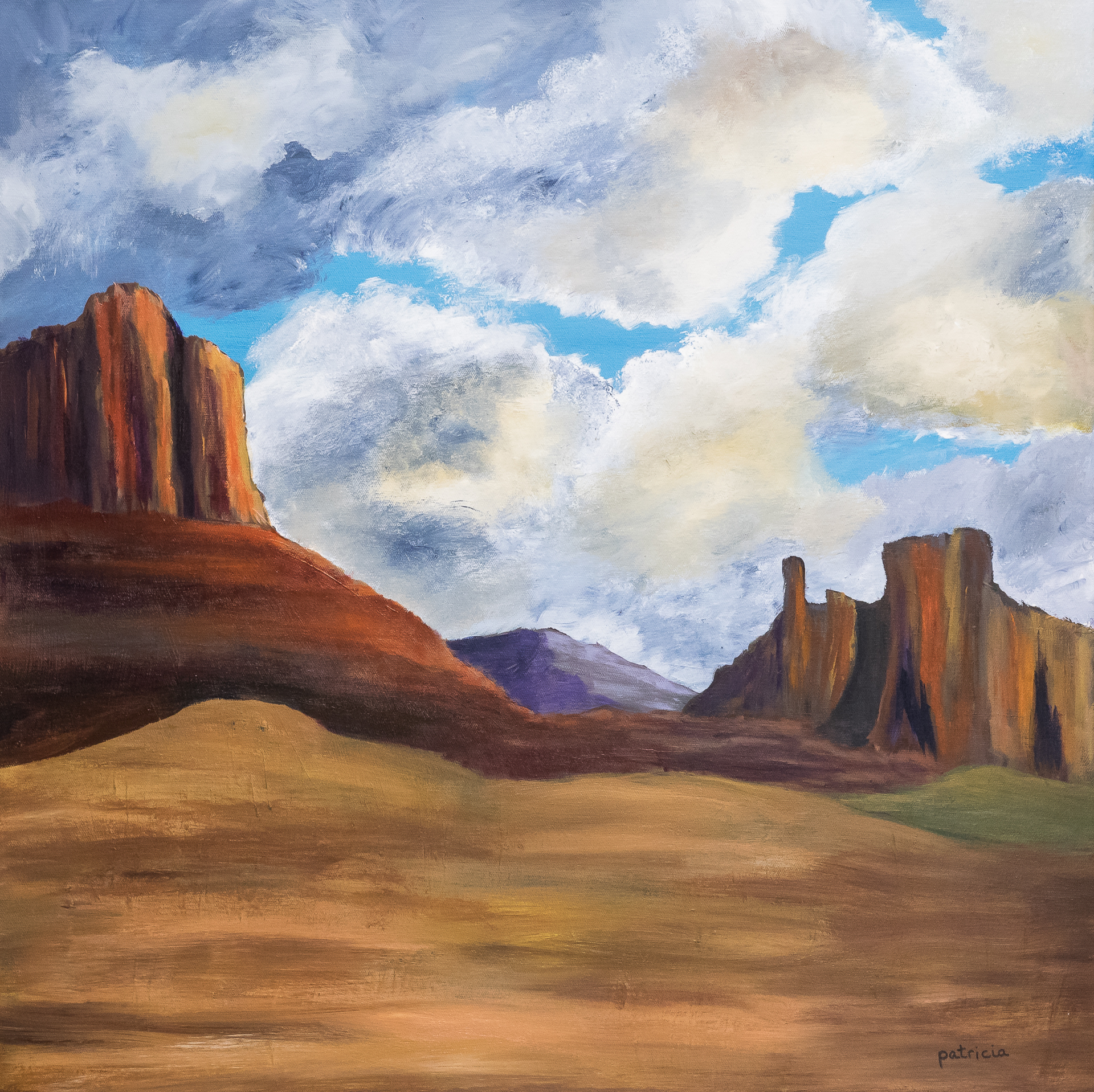 An acrylic painting of the desert with a mountain in the middle of the painting.