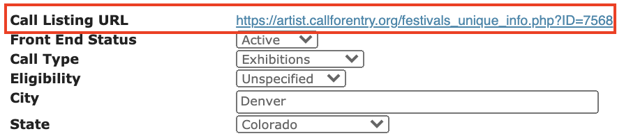 Screenshot from CaFE with the URL where you can direct your artists highlighted in red.