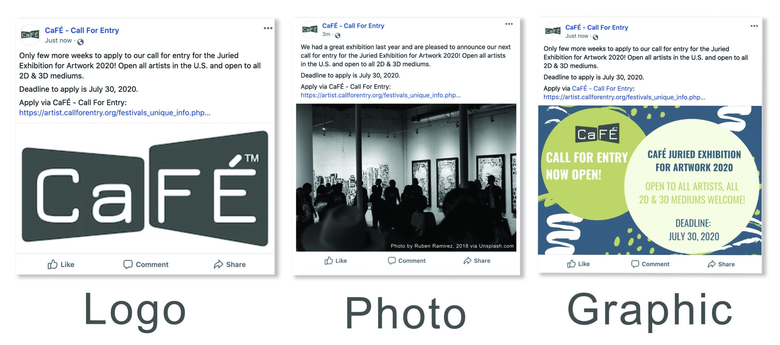 Examples of visual graphics to include on social media including a logo on the far left side, photo from the exhibition in the middle and a speciality graphic on the right-hand side.