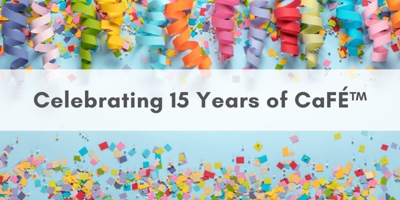 Confetti image with text that reads Celebrating 15 Years of CaFÉ