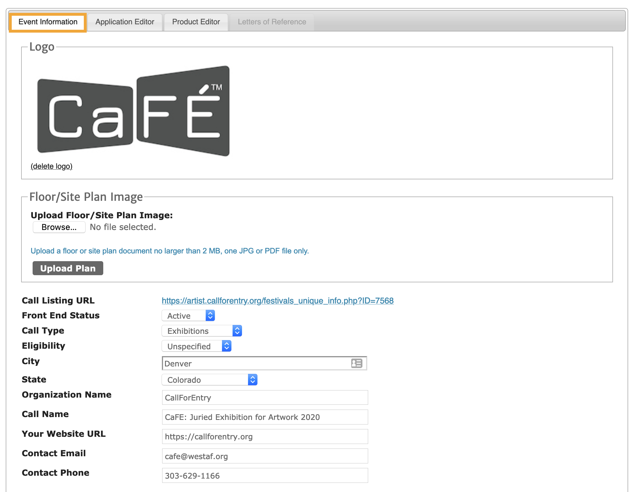 Screenshot of the Call Editor on the Event Information page highlighting the main contact fields, logo area and site plan.