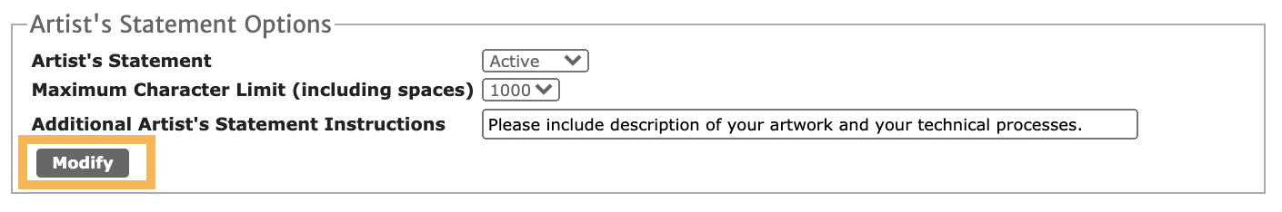 Screenshot of the Artist Statement option highlighting the Modify button.