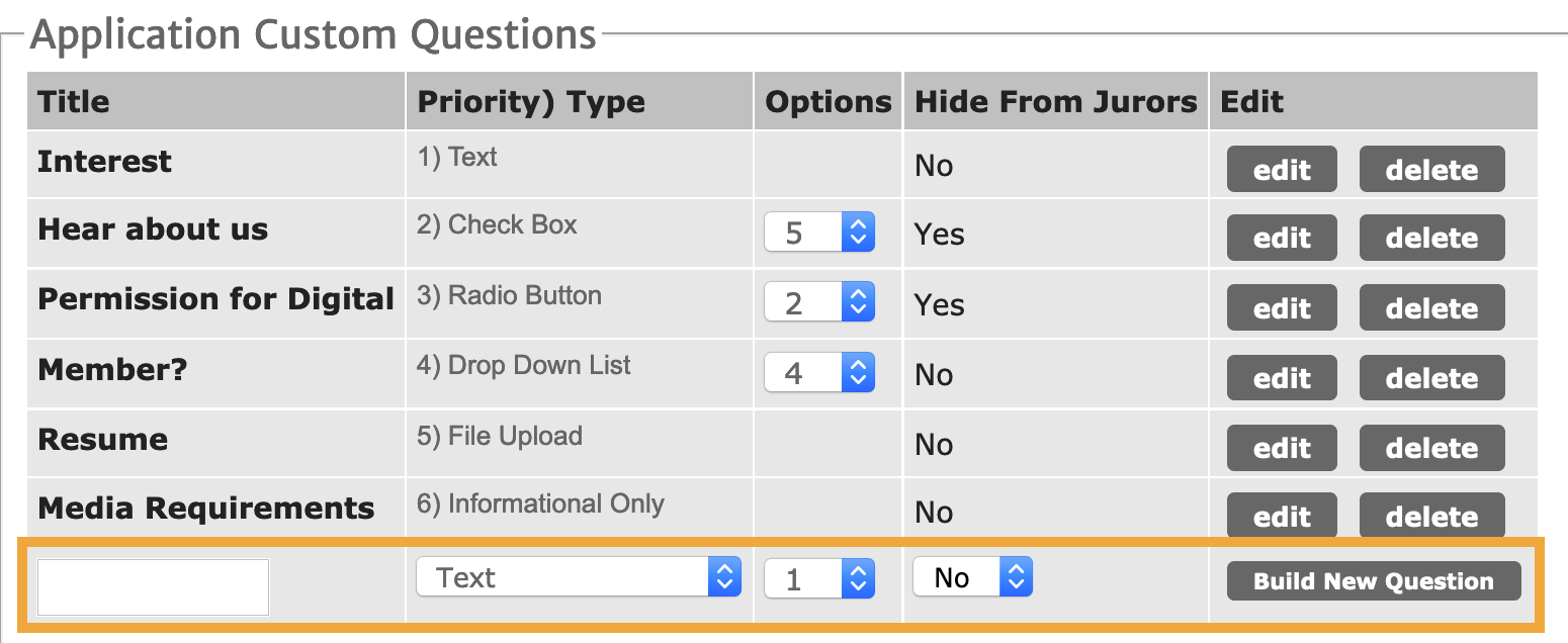 Screenshot of the question table with the a rectangle around the build new question section.