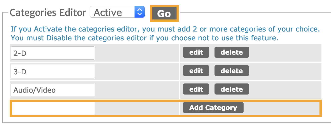 Screenshot of the CaFE site with the categories on the left side and the edit/delete buttons on the right.