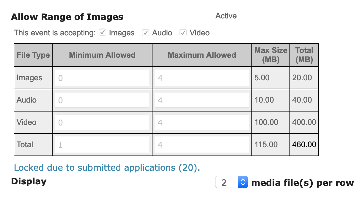 Screenshot of the media requirements. It's a gray table with the Minimum column and a Maximum column to note how many work samples can be submitted.