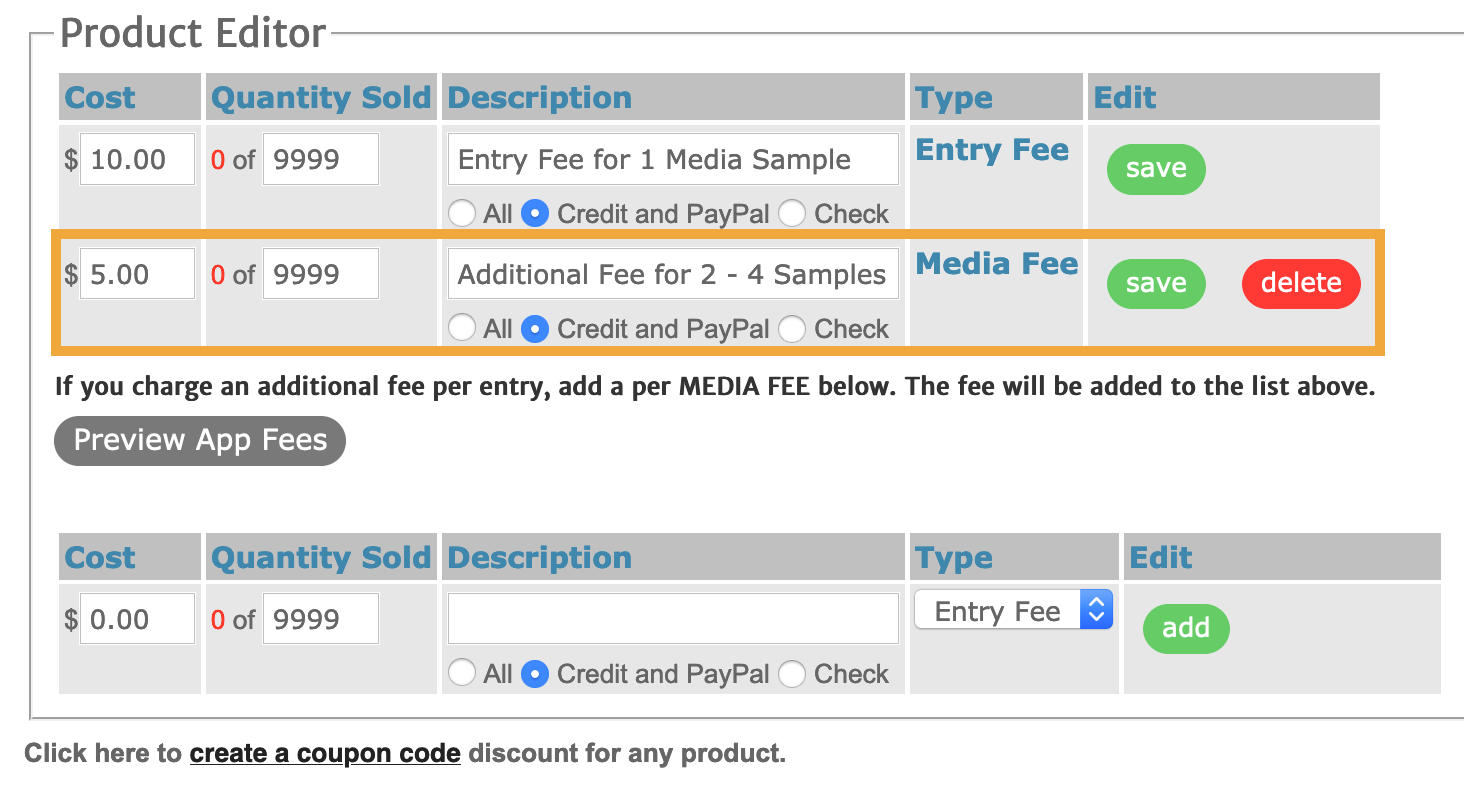 Screenshot of the product editor tab with a highlight around the media fee.
