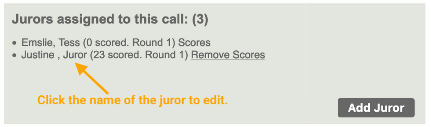 Screenshot that displays a list of jurors assigned to the call with the Add Juror button highlighted.