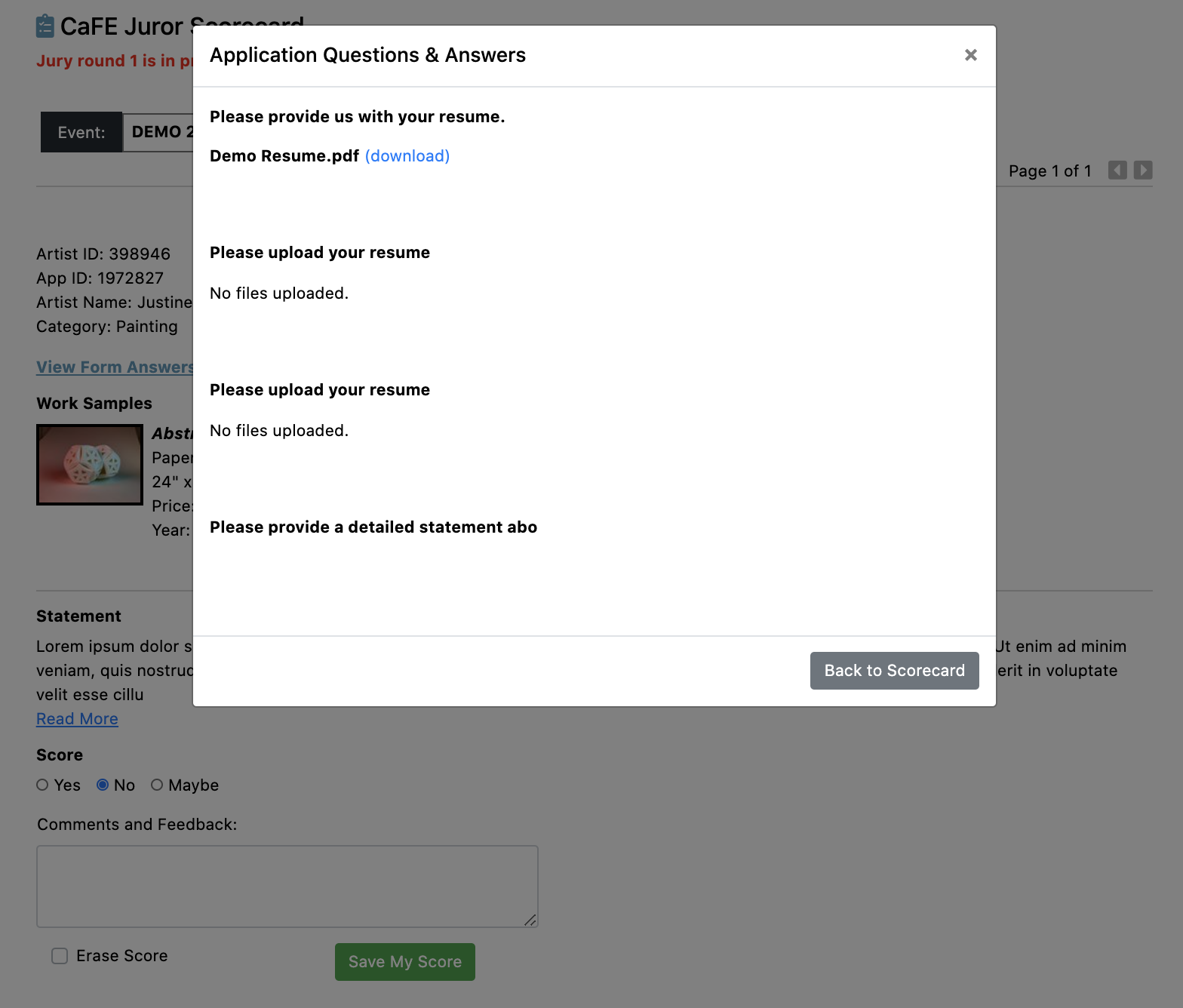 Screenshot of the applicant custom question modal on top of the projection scorecard.