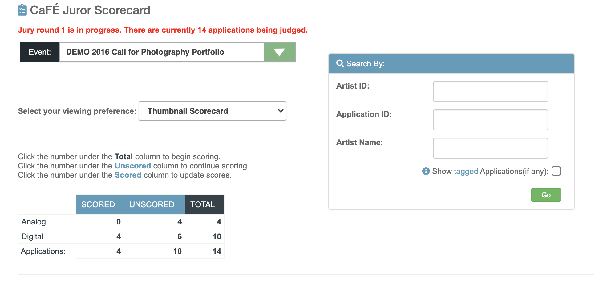 Screenshot of the jury landing page with the event name at the top, on the right is a search box, and below that is a table with the following options: scored, unscored and total.