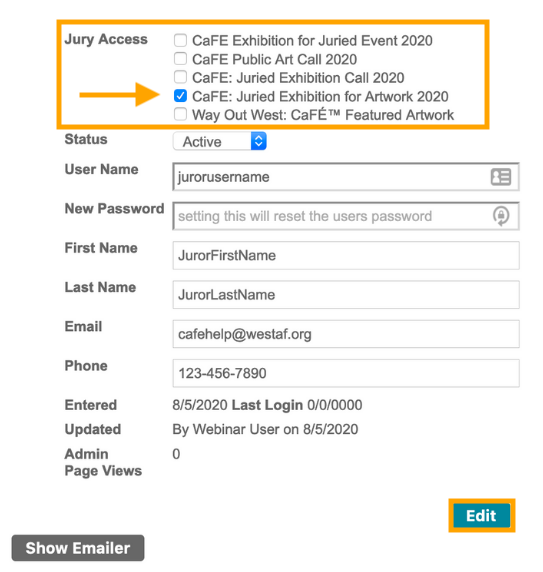Screenshot of the juror profile page. Above the text fields, is a checkbox for all of the calls associated with the organization. This is how access is given for the call.