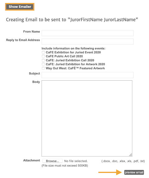 Screenshot of the emailer page for the admins to email jurors through CaFE.