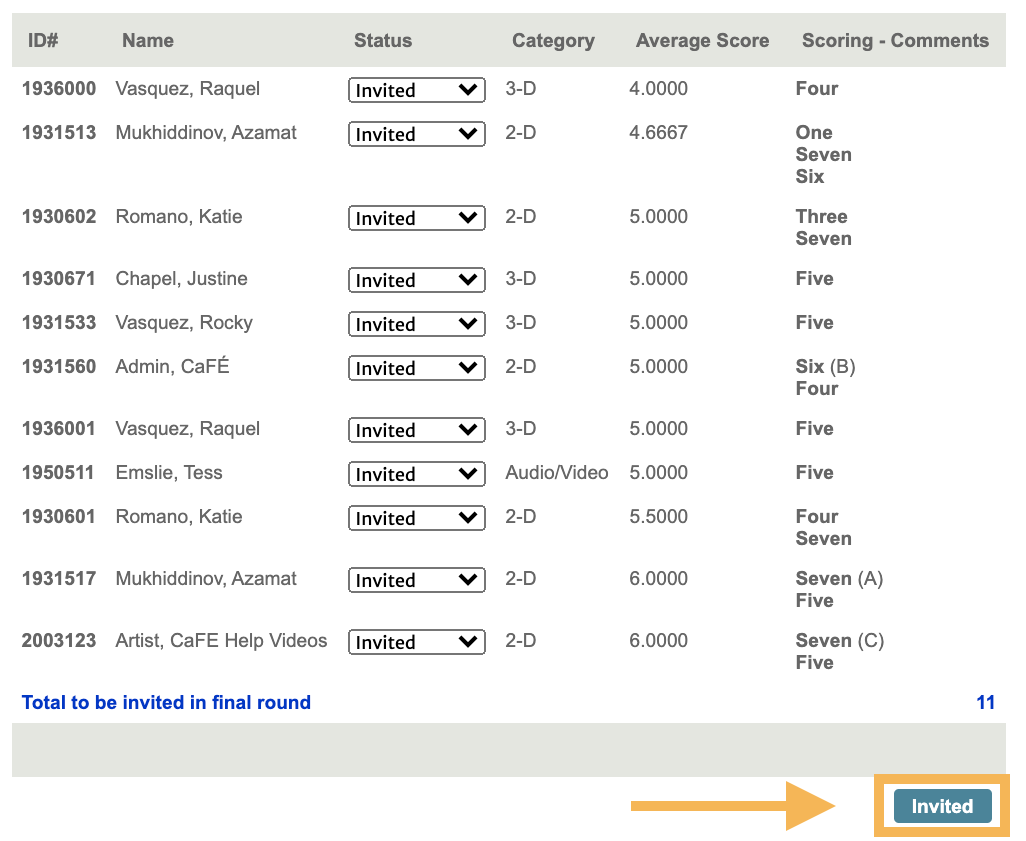 Screenshot of the page where admins can see a list of all appilcations to move to the Invited status.