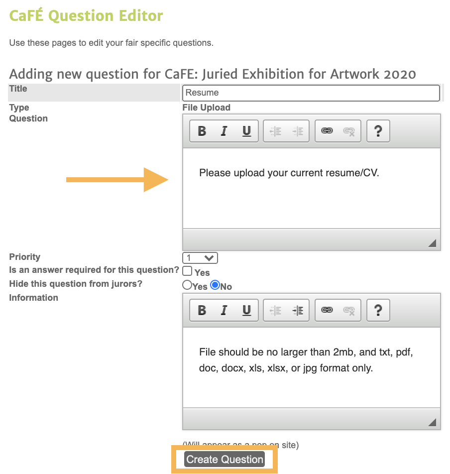 Screenshot of the question editor where you can type in your question.