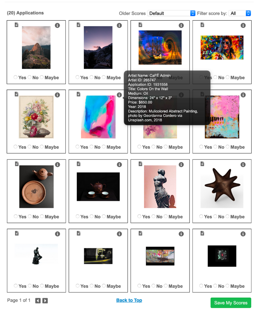 Screenshot of the gallery scorecard with thumbnail images in a grid format and options for scoring.