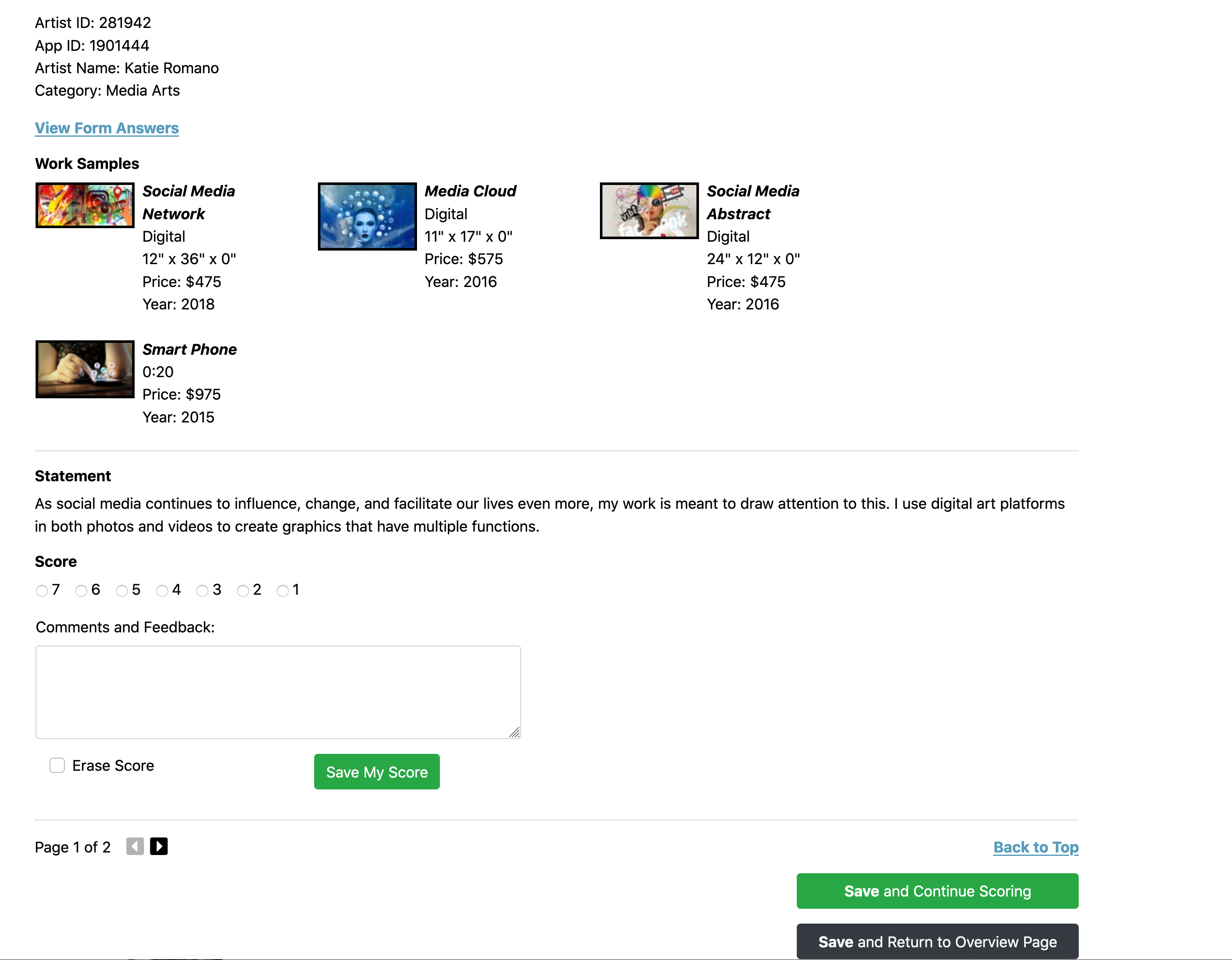 Screenshot of the projection scorecard with thumbnails on a white background with a space for comments and scores.