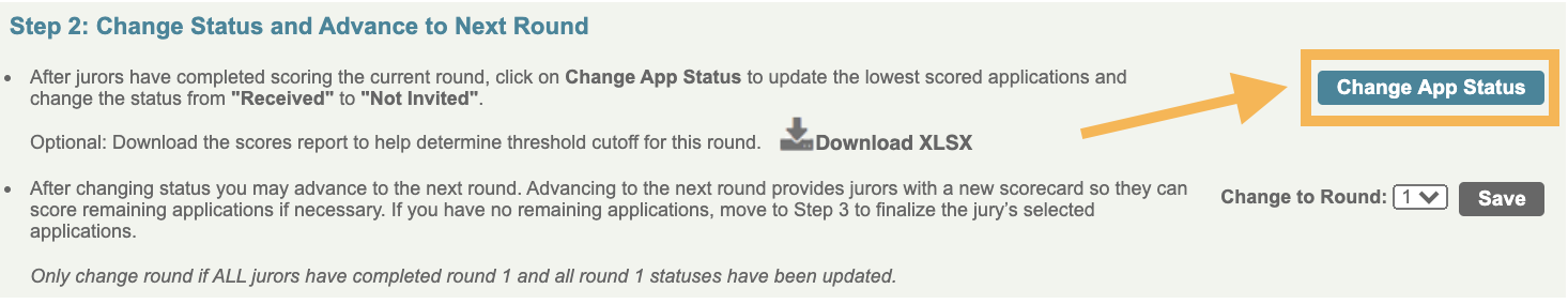 Screenshot of the step 2 on the jury admin page with a box around the button Change App Status