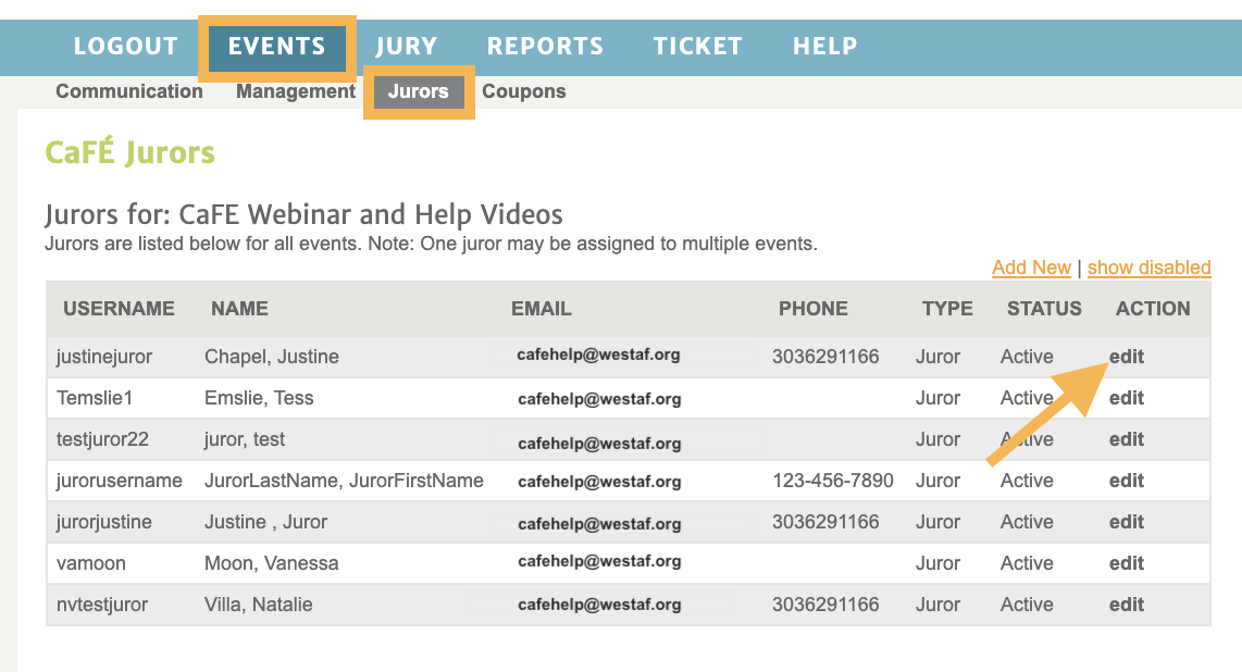 Screenshot of the list of jurors