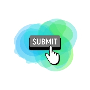 Green and blue background with a gray submit button and hand pushing the button.