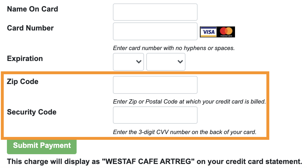 Screenshot of the checkout with a box around the ZIP Code and CVV sections.