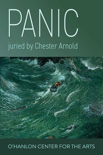 A painting dispalying a thrashing sea with a both in the center. Text reads: PANIC juried by Chester Arnold O'Hanlon Center for the Arts