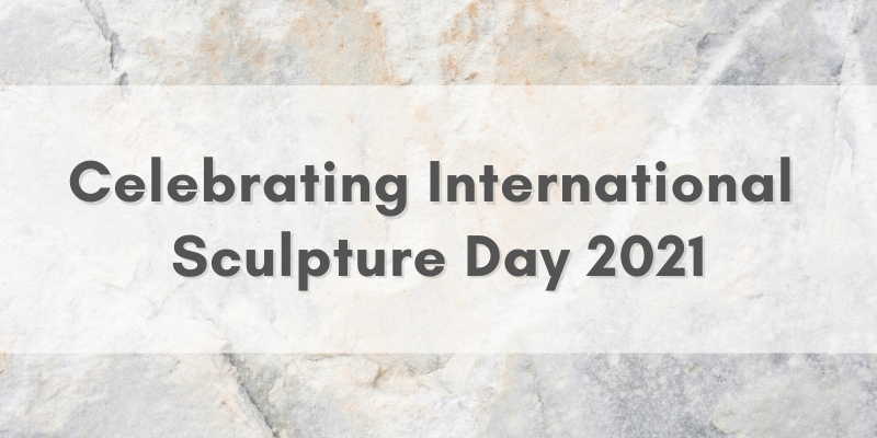Abstract background with text that reads "celebrating international sculpture day 2021"