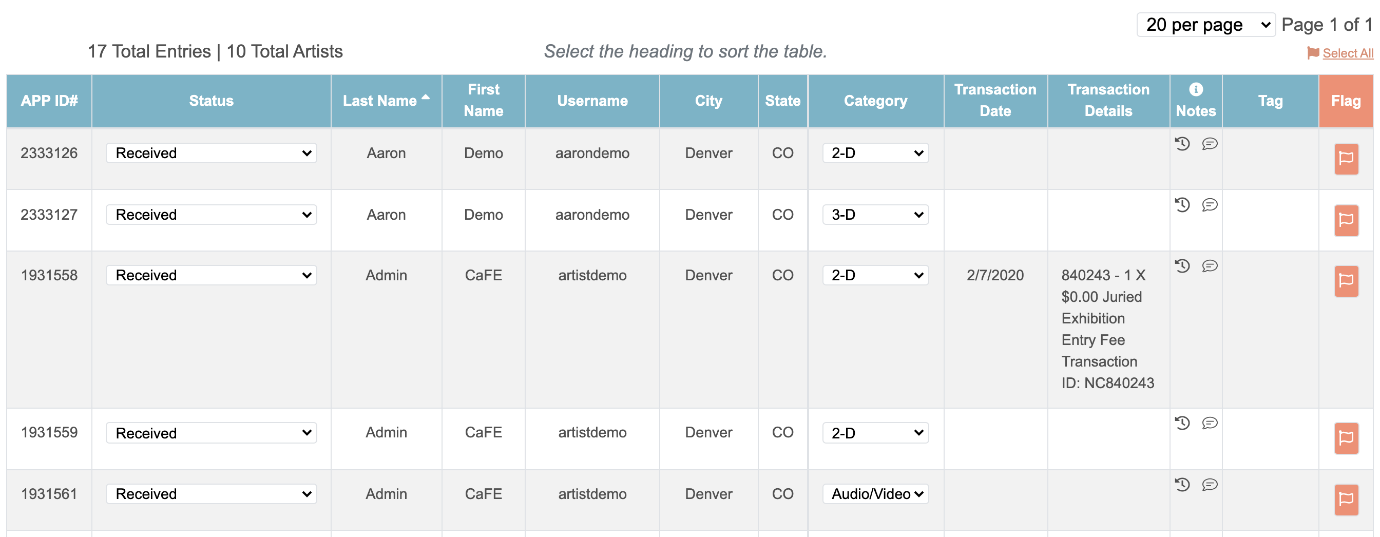 Screenshot of the application table with various details associated with the application.