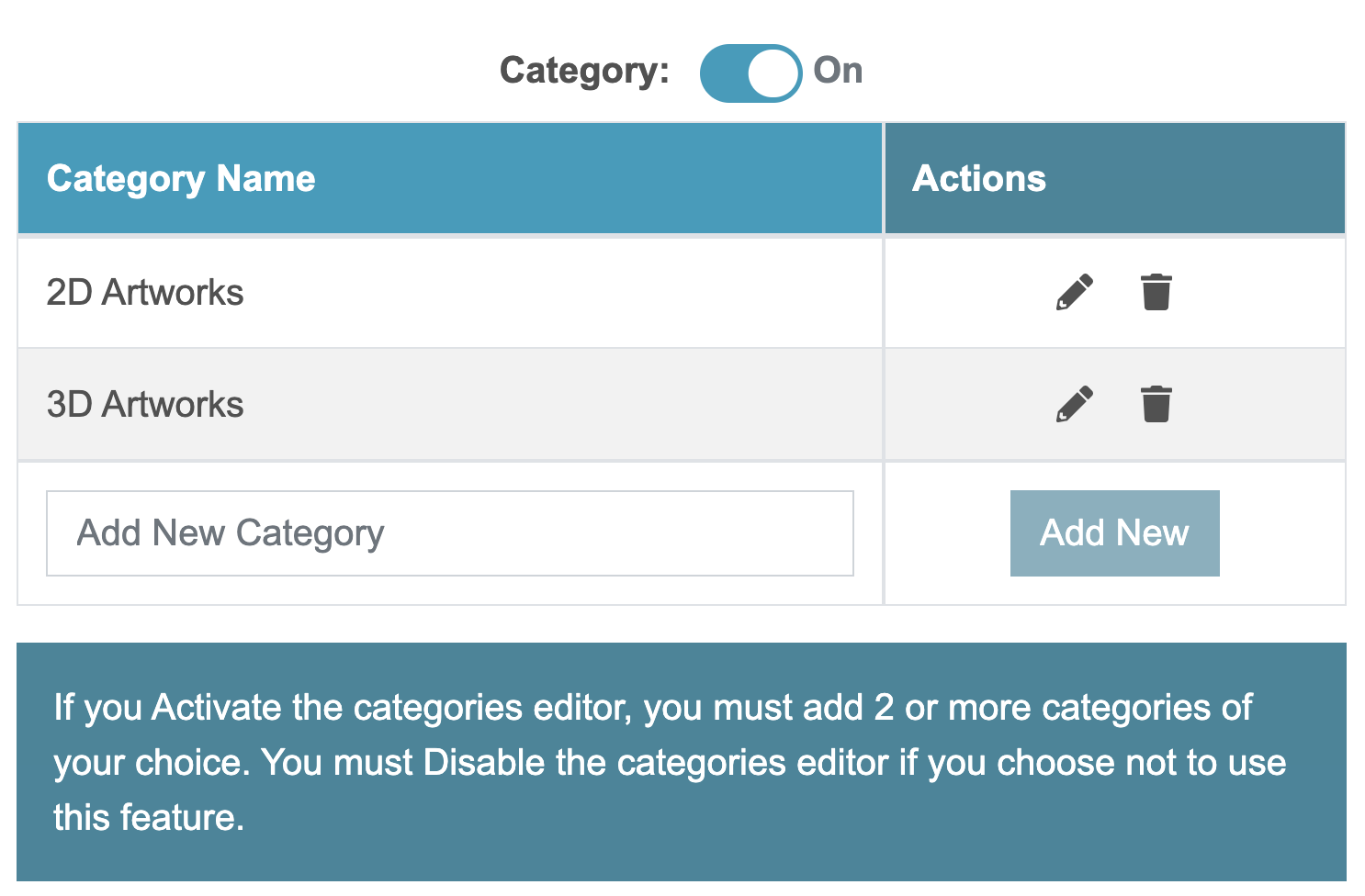 screenshot of the categories where you can add new categories, edit, or delete it.