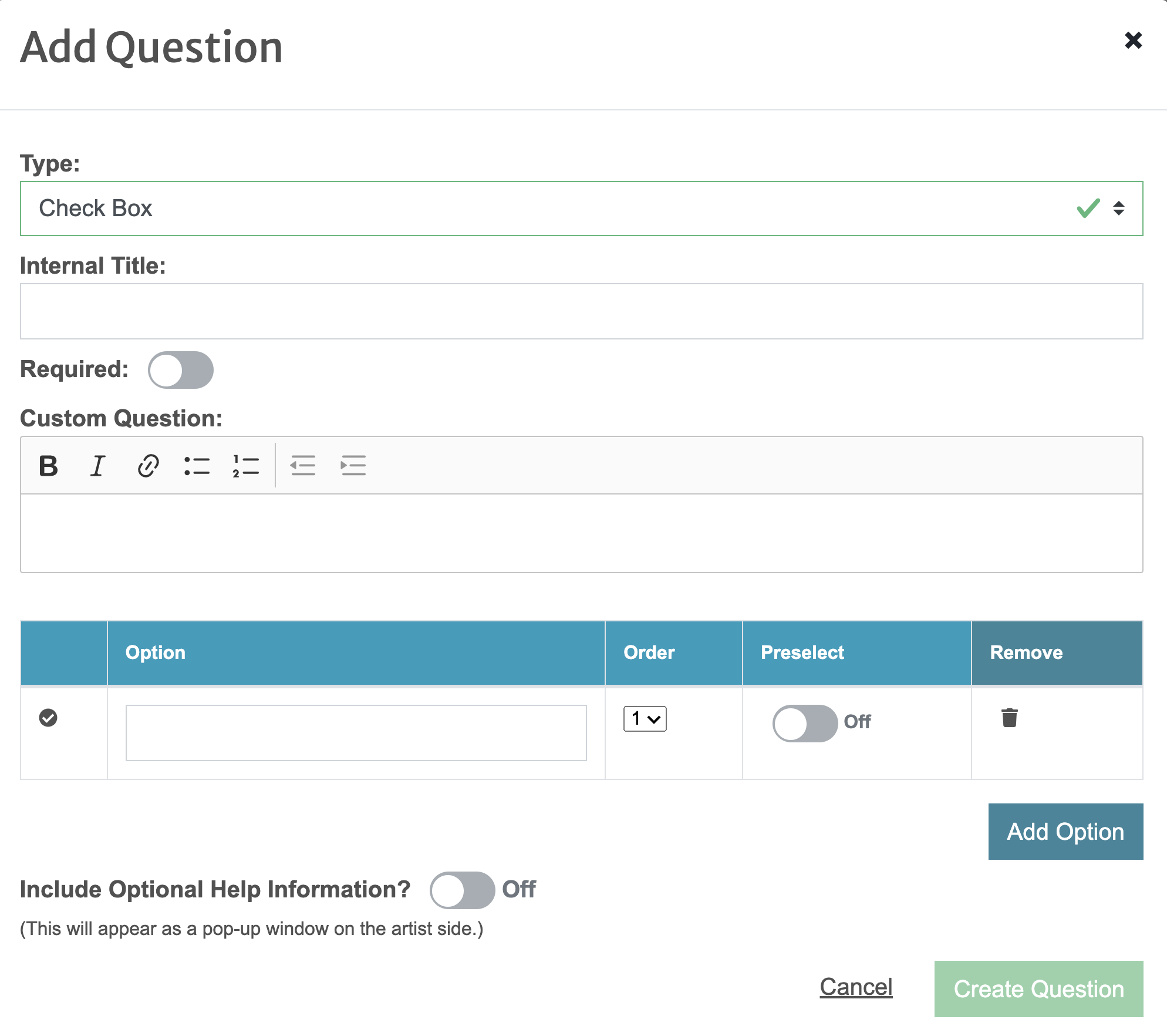 Screenshot of the adding question where users can choose the question type, write the question, and include options for applicants.